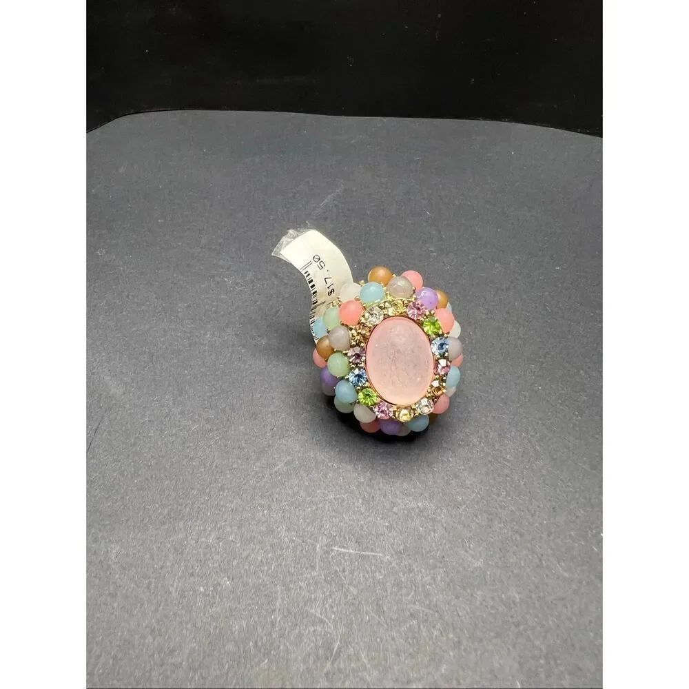 Colorful Gold Tone Bead Rhinestone Chunky Statement Cocktail Ring One Size